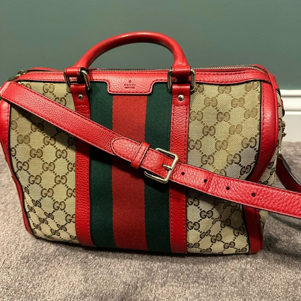 Gucci Boston bag brown monogram with red leather - Picture 2 of 16